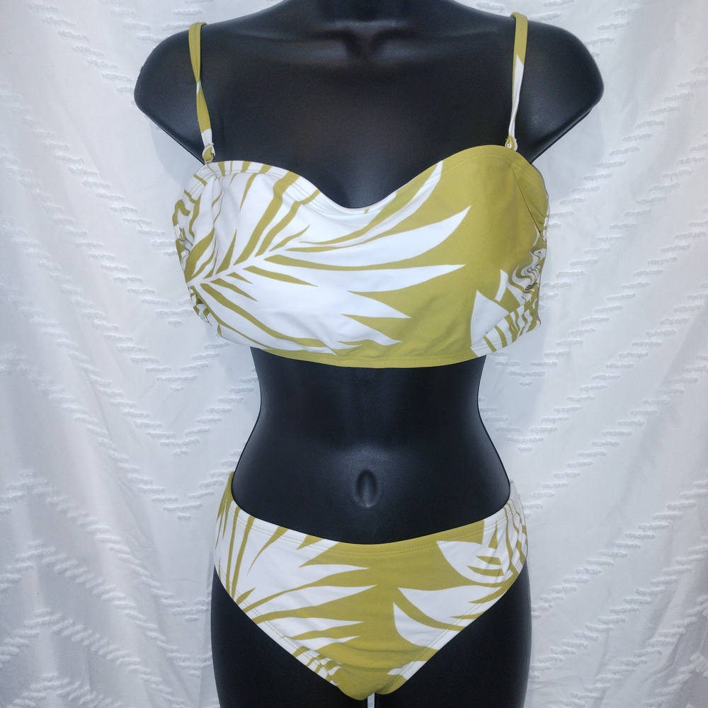 NWOT Kona Sol Two-Piece Bikini Chartreuse Green & White Palm Leaf Swim Set Boho
